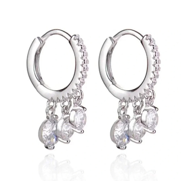 925 Sterling Silver Hoop Diamond Drop Earrings - Picture 7 of 7